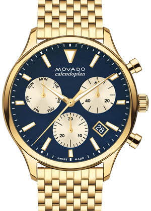 Movado Heritage Calendoplan Blue Dial Gold Steel Strap Watch for Men - 3650015