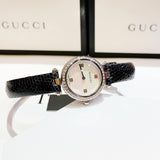 Gucci Diamantissima Diamonds Mother of Pearl Dial Black Leather Strap Watch For Women - YA141511