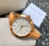 Michael Kors Runway Slim Quartz White Dial Beige Leather Strap Watch For Women - MK2284