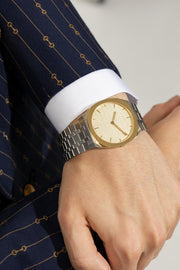 Gucci 25H Quartz Gold Dial Silver Steel Strap Watch for Men - YA163405