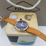 Fossil Tailor Date-Day Quartz Blue Dial Brown Leather Strap Watch for Women - ES4257