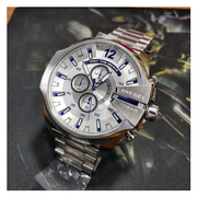 Diesel Mega Chief Chronograph White Dial Silver Steel Strap Watch For Men - DZ4477