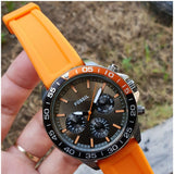 Fossil Bannon Chronograph Grey Dial Orange Silicone Strap Watch for Men - BQ2500