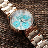 Guess Mini Sunrise Multi Function Analog Turquoise Dial Rose Gold Steel Strap Watch For Women - W0448L8