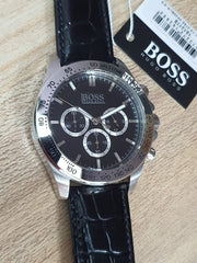 Hugo Boss Ikon Chronograph Black Dial Black Leather Strap Watch for Men - 1513178