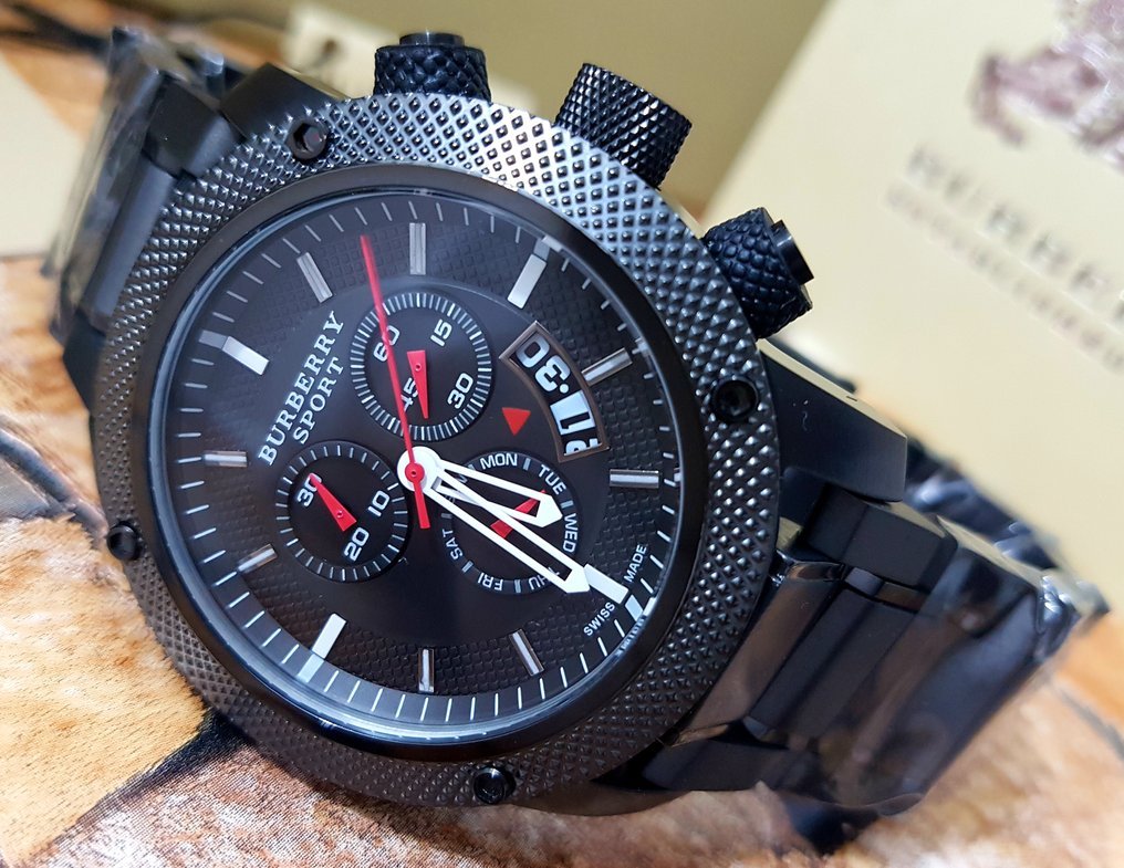 Burberry Sport Chronograph Black Dial Black Steel Strap Watch for Men Burberry Sport Chronograph Black Dial Black Steel Strap Watch for Men