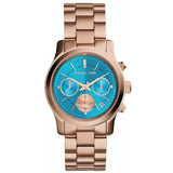 Michael Kors Runway Chronograph Turquoise Dial Rose Gold Steel Strap Watch For Women - MK6164