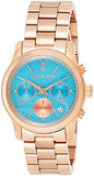 Michael Kors Runway Chronograph Turquoise Dial Rose Gold Steel Strap Watch For Women - MK6164