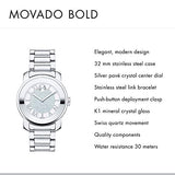 Movado Bold Crystal Pave Silver Dial Silver Steel Strap Watch for Women - 3600254