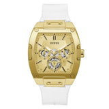 Guess Phoenix Multifunction Gold Dial White Leather Strap Watch for Men - GW0202G6