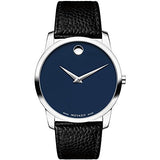 Movado Museum Blue Dial Black Leather Strap Watch For Men - 607013