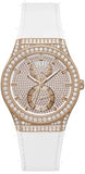 Guess Sport Multifunction Crystals Rose Gold Dial White Rubber Strap Watch For Women - GW0439L3