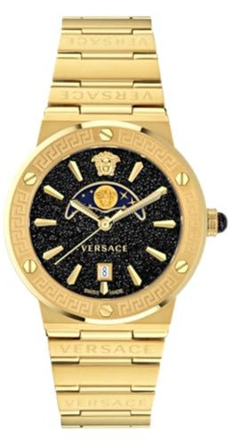 Versace Greca Moonphase Quartz Black Dial Gold Steel Strap Watch for Men - VE7G00323