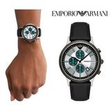 Emporio Armani Renato Chronograph Silver Dial Black Leather Strap Watch for Men - AR11473