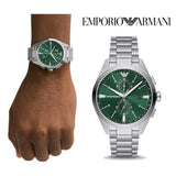 Emporio Armani Chronograph Green Dial Silver Steel Strap Watch For Men - AR11480