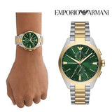 Emporio Armani Claudio Chronograph Green Dial Two Tone Steel Strap Watch For Women - AR11511