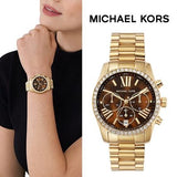 Michael Kors Lexington Chronograph Brown Dial Gold Steel Strap Watch For Women - MK7276