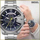 Diesel Mega Chief Chronograph Blue Dial Silver Steel Strap Watch For Men - DZ4465