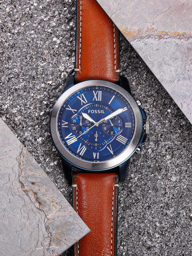 Fossil Grant Chronograph Blue Dial Brown Leather Strap Watch for Men