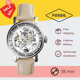 Fossil Boyfriend Automatic Skeleton Silver Dial White Leather Strap Watch for Women - ME3069