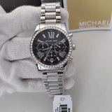 Michael Kors Lexington Chronograph Black Dial Silver Steel Strap Watch For Women - MK7277