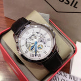 Fossil Grant Skeleton White Dial Black Leather Strap Watch for Men