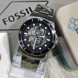 Fossil FB-01 Automatic Skeleton Black Dial Silver Steel Strap Watch for Men - ME3190