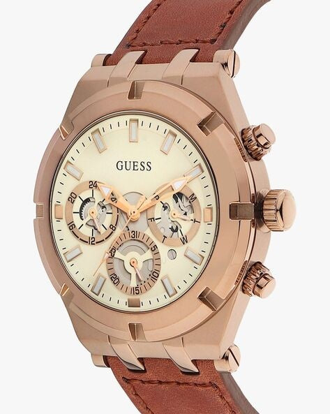 Guess Analog Multifunction White Leather Dial Men Brown for Strap Watch