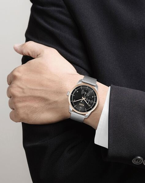Hugo Boss Sophio Black Dial Silver Mesh Bracelet Watch for Men