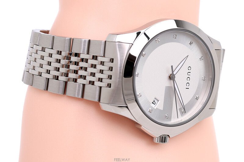 Gucci G Timeless Diamonds Silver Dial Silver Steel Strap Watch For Men
