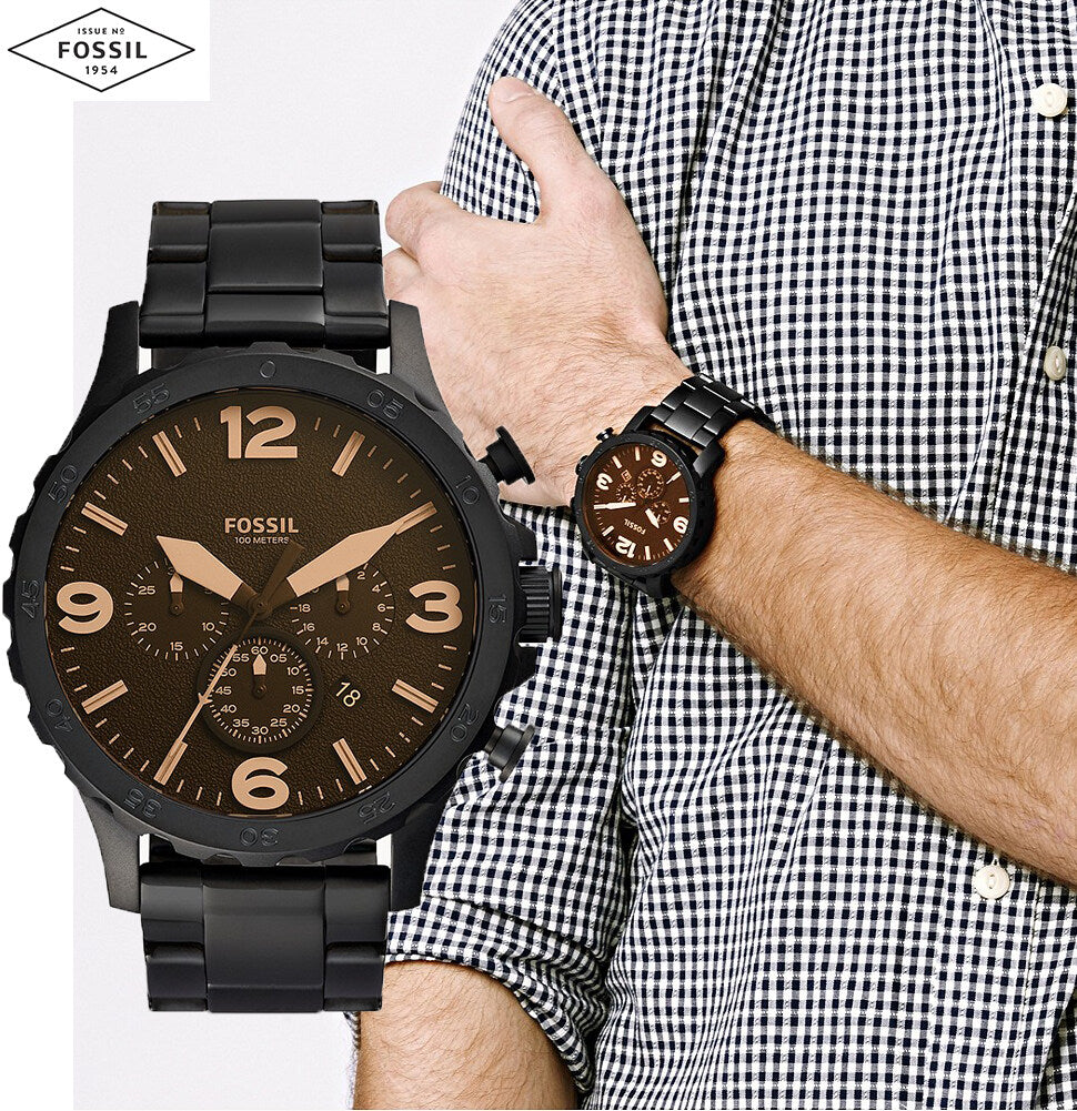 Black Nate Dial Chrongraph Steel Plated Ion Men Black Strap for Fossil Watch Black