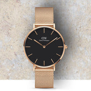 Daniel Wellington Classic Melrose Black Dial Rose Gold Mesh Bracelet Watch For Women - DW00100161