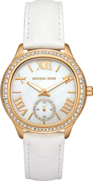 Michael Kors Sage Three-Hand Mother of Pearl White Dial White Leather Strap Watch for Women - MK4818