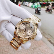 Guess Frontier Diamonds Gold Dial Gold Steel Strap Watch For Women - W1156L2