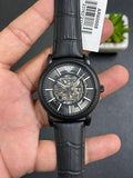 Emporio Armani Meccanico Automatic Skeleton Dial Black Leather Strap Watch For Men - AR60008