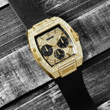 Guess Phoenix Multifunction Crystals Gold Dial Black Silicone Strap Watch For Men - GW0048G2