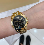 Michael Kors Bradshaw Chronograph Black Dial Gold Steel Strap Watch For Women - MK6959