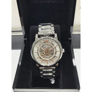 Emporio Armani Meccanico Skeleton Silver Dial Silver Steel Strap Watch For Men - AR1980