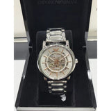 Emporio Armani Meccanico Skeleton Silver Dial Silver Steel Strap Watch For Men - AR1980