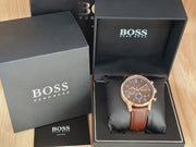 Hugo Boss Navigator Chronograph Grey Dial Brown Leather Strap Watch for Men - 1513496