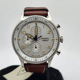 Fossil Retro Pilot Chronograph Silver Dial Brown Leather Strap Watch for Men - FS5809