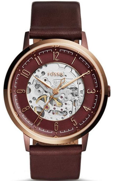 Fossil Vintage Muse Automatic Skeleton Maroon Dial Maroon Leather Strap Watch for Women