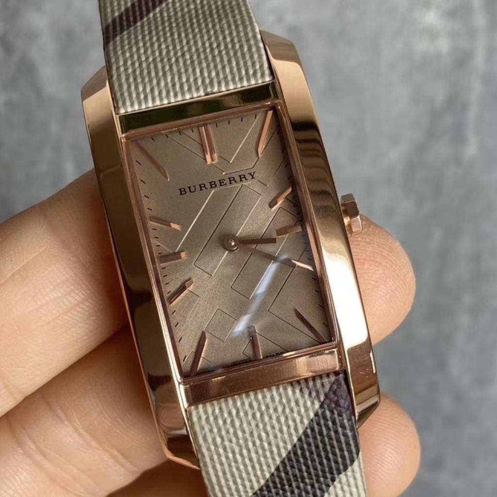 Burberry The Pioneer Rose Gold Dial Haymarket Brown Leather Strap