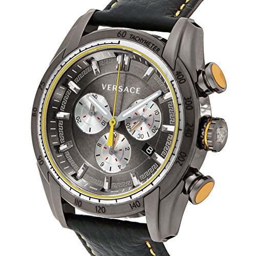 Versace V Ray Chronograph Grey Dial Black Leather Strap Watch for Men