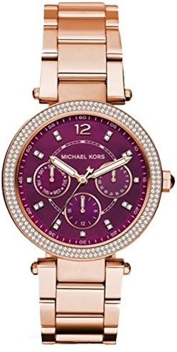 Michael Kors Mini Parker Multi-Function Plum Mother of Pearl Dial Rose Gold Steel Strap Watch For Women - MK6403