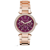 Michael Kors Mini Parker Multi-Function Plum Mother of Pearl Dial Rose Gold Steel Strap Watch For Women - MK6403