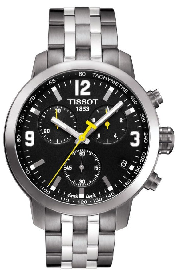 Tissot PRC 200 Chronograph Black Dial Silver Steel Strap Watch For Men - T055.417.11.057.00