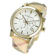 Burberry The City White Dial Haymarket Beige Leather Strap Watch for Women - BU9752