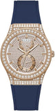 Guess Multifunction Crystals Rose Gold Dial Blue Rubber Strap Watch For Women - GW0439L4