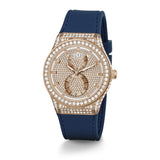 Guess Multifunction Crystals Rose Gold Dial Blue Rubber Strap Watch For Women - GW0439L4